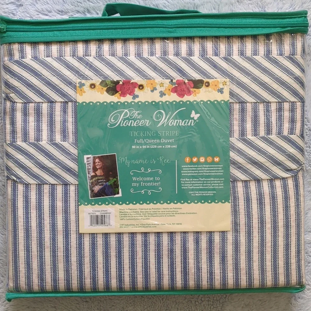 NWT Pioneer Woman Full/Queen Blue White Ticking Stripe Duvet Cover